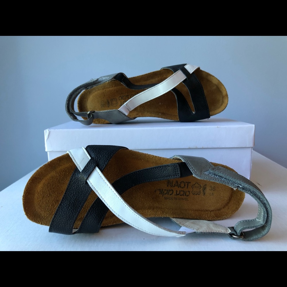 NAOT “ Kayla” black, gray and white strap sandal. Size 36.